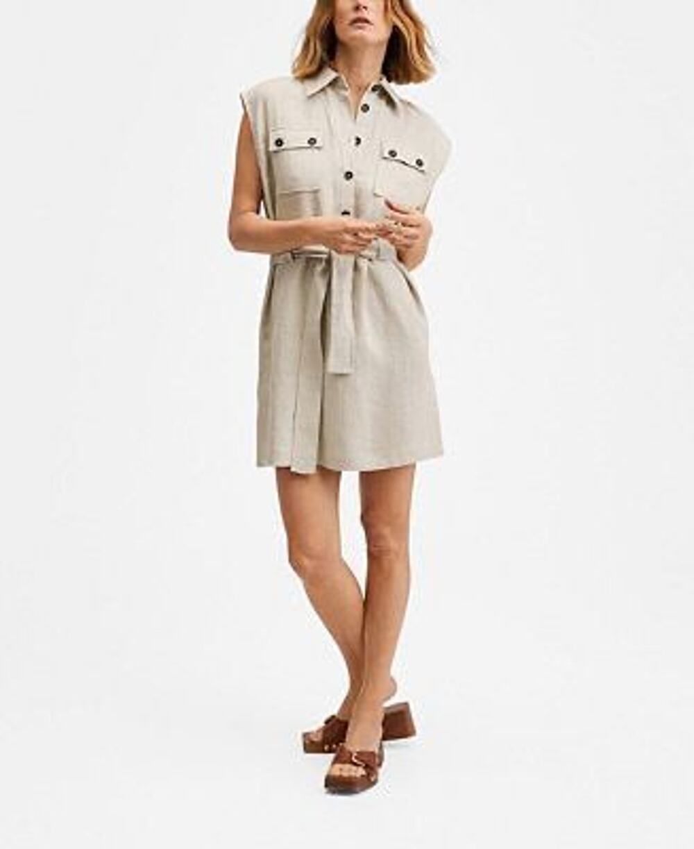 MANGO Linen Belted Utility Shirt Mini Dress Beige Size 2